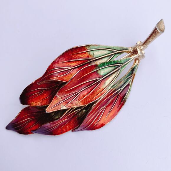 VTG Mid Century Enamel Leaf Brooch Gold Tone Autumn Pin 1950s Jewelry - Picture 5 of 10